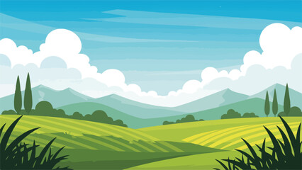 Obraz premium Vibrant flat illustration of green hills and blue sky with clouds