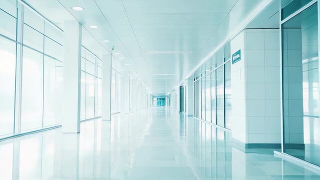 Modern long corridor featuring clear glass partitions and a shiny floor reflecting light, creating a bright, clean, and futuristic architectural space for various facilities