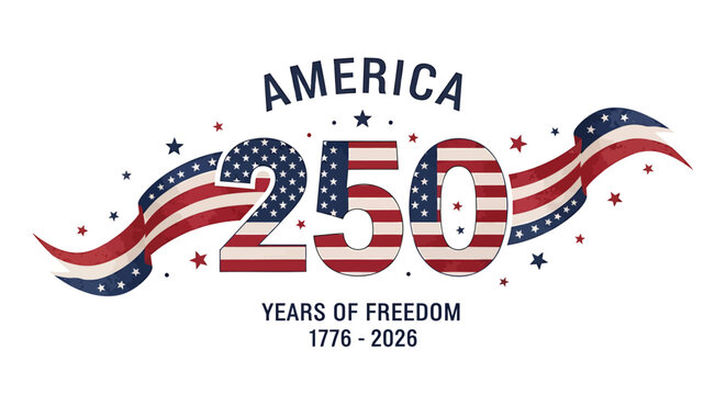 America 250 years of freedom celebration vector graphic, patriotic design with American flag pattern and stars. Includes 1776-2026 anniversary date range.