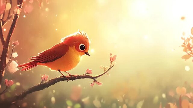 Cute cartoon bird sitting on a blooming tree branch in soft sunlight.