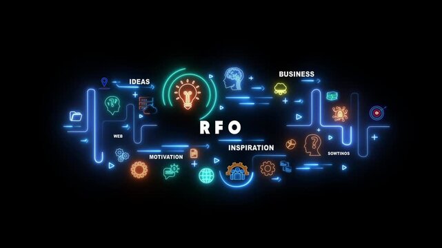 Neon light infographic diagram showing the process of RF Output RFO with icons for ideas motivation business inspiration and web