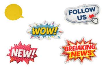 Social media marketing sticker set: 3D speech bubbles with Follow Us, Wow, New, and Breaking News text