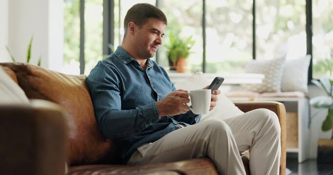 Man, freelancer and phone with coffee at house for real estate, property research and listing. Realtor, reading and beverage with mobile, email client and viewing information for resale negotiation