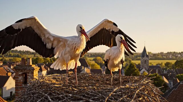 Pair of storks in rooftop nest overlooking village during golden hour