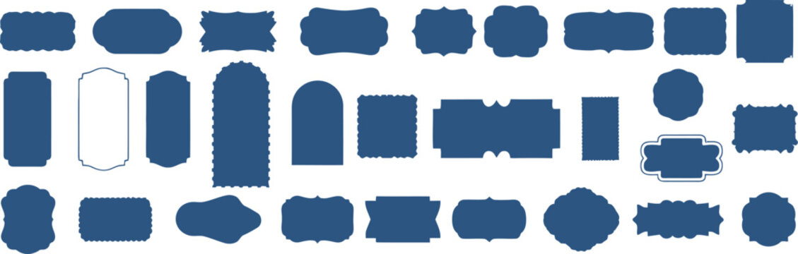 A comprehensive collection of diverse blue label shapes and ornate frames, featuring various silhouettes like rectangular, oval, and scalloped designs for graphic design.