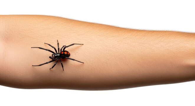 A close-up image of a black widow spider crawling on human forearm, showcasing intricate details