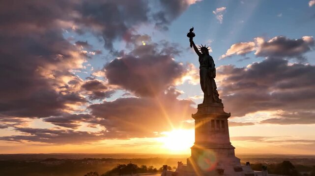 Statue of Liberty at Sunrise with Dramatic Clouds and Sunburst.