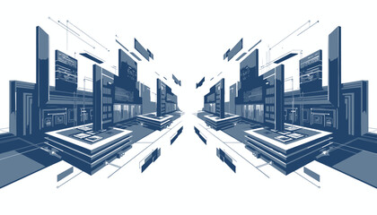 Obraz premium Futuristic Cityscape with Symmetrical Skyscrapers and Abstract Shapes.