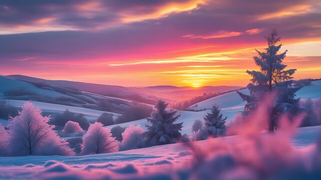 Serene winter sunset snowy landscape scenic view HD images