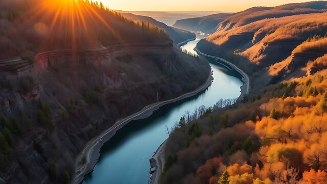 drawback. Aerial view of a winding river through a canyon plateau during golden hour. travel magazines, destination branding, designed for outdoor magazines and nature guides, used by clinicians.