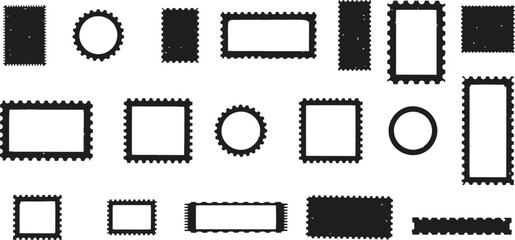 Fototapeta premium A collection of various vintage postage stamp silhouettes and frames, featuring different shapes like rectangles, squares, and circles, isolated on a clean white background.