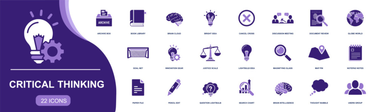 Critical thinking icon set. Containing analysis, brainstorming, question, search, document review, discussion, idea bulb, notes, archive, scales and more. Solid fill vector icons collection.