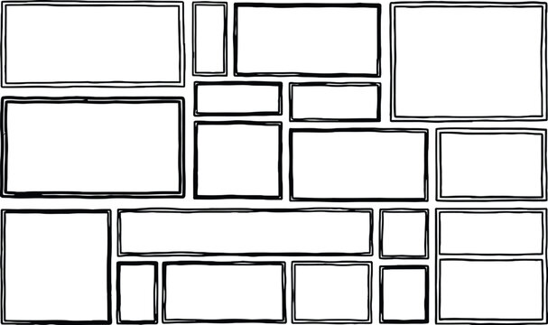 A collection of hand-drawn empty rectangular frames arranged in a collage layout on a white background.