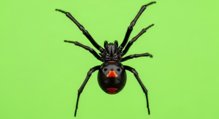 Detailed Macro View of a Black Widow Spider with Distinctive Red Markings on a lime green background