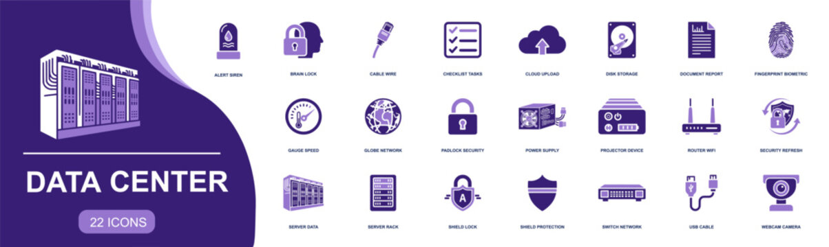 Data center icon set. Containing server rack, cloud upload, disk storage, router wifi, switch network, power supply, cables, webcam, security lock and more. Solid fill vector icons collection.