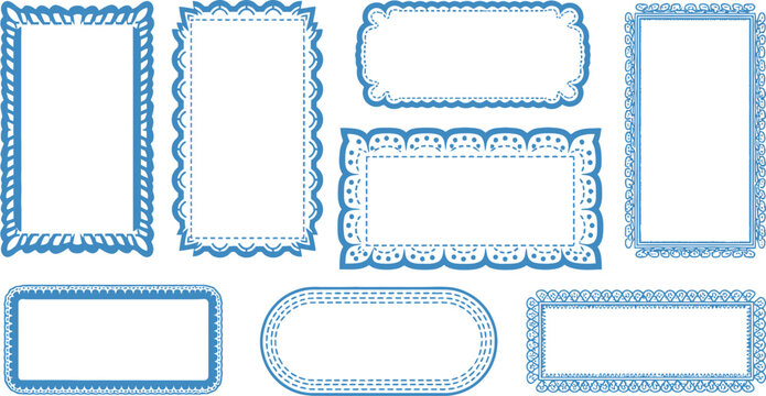 A collection of eight different blue decorative frames featuring intricate scalloped and lace-like borders in various shapes and sizes.
