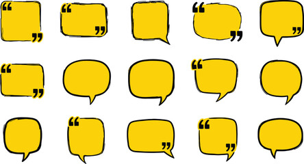 Obraz premium A collection of hand-drawn yellow speech bubbles and quote boxes with black outlines on a white background for communication concepts.