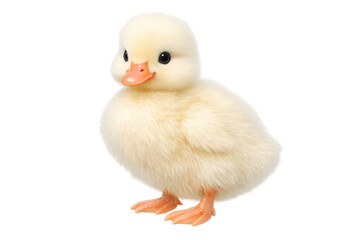 Fototapeta premium Yellow duckling standing, looking forward, fluffy waterfowl baby bird, transparent background, poultry farm animal