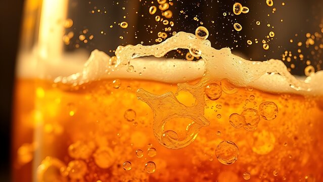 malt. Golden bubbles rising through amber liquid, showcasing intricate carbonation detail. bar promotions, beverage menus, designed for food & beverage menus and cafe branding.