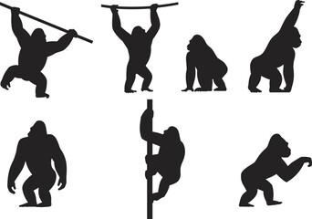 Black gorilla silhouettes collection, primate ape icons set, silverback monkey graphics, jungle wildlife vector, tropical nature design, african animal, chimpanzee. © Mst
