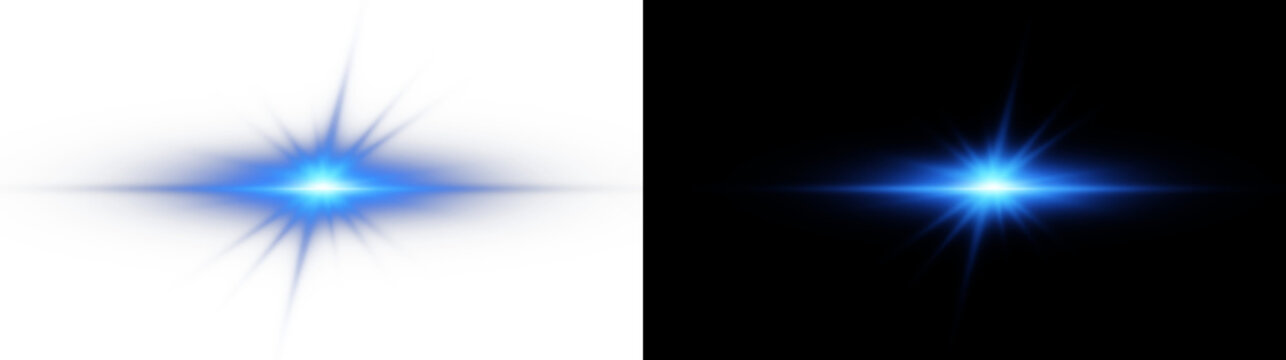 Futuristic blue light PNG with transparent highlights, glow, sun rays and bokeh sparks. Radiant star effect for modern abstract design, luxurious overlays or colorful visual effects