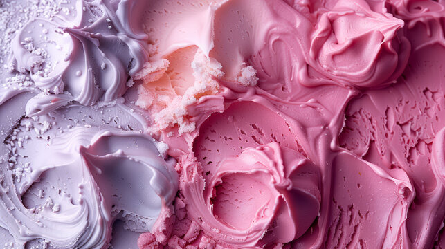 Close-up texture of swirled pink and lavender ice cream with creamy swirls and icy bits