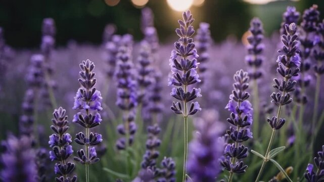 A serene scene of a lavender field with the sun setting behind, ideal for use in travel or nature-themed projects