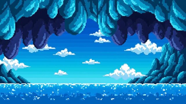 Pixel art underwater cave scene with blue ocean water