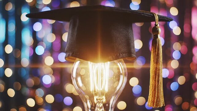 Graduation cap on glowing light bulb with colorful bokeh background