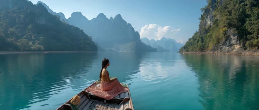 Asian woman posing on boat in Ratchaprapha dam Khao sok national park at suratthani,Thailand