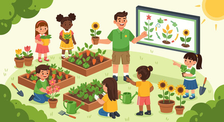 Obraz premium Children Learning About Gardening with an Instructor and Plants.