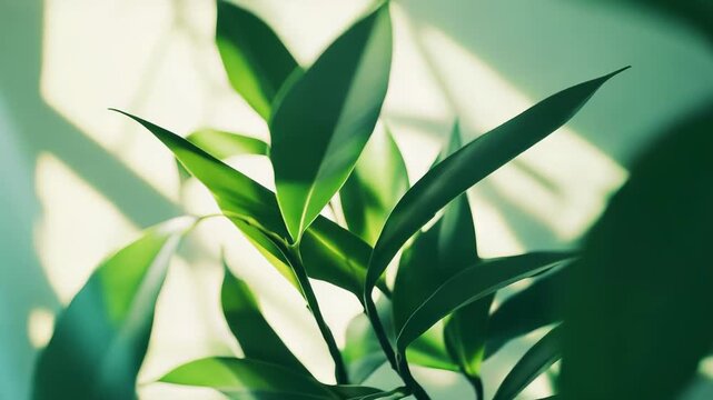 Green plant foliage bathed in warm window sunlight, casting soft sunbeams and delicate shadow patterns on a wall, evoking calm, growth, and fresh indoor greenery