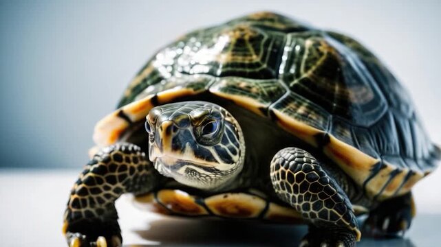 A close-up shot of a turtle sitting on a table, great for  or graphic design projects