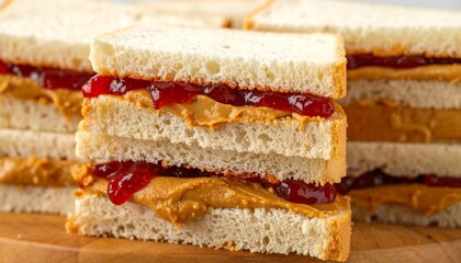   
Stack of peanut butter and jelly sandwiches made with white bread, cut diagonally to reveal creamy peanut butter and red jelly filling.