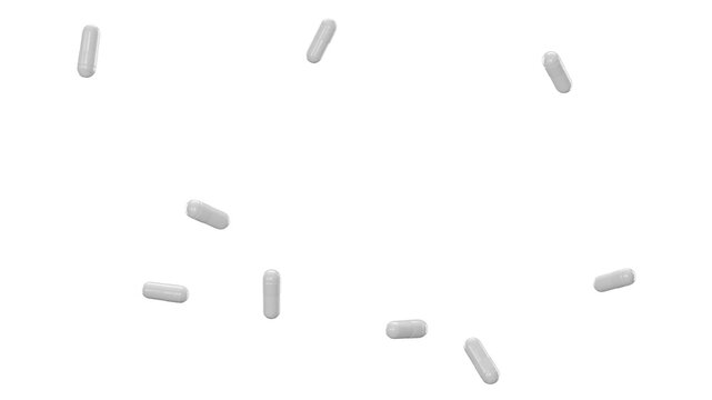 Flying white capsule pills isolated on transparent background 3D render