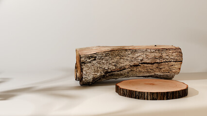 Wood log and slice podium on beige 3D render © S_Designs