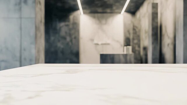 Marble countertop offering a sophisticated empty surface with a blurred background of concrete walls and linear lighting, creating a sleek and luxurious architectural space