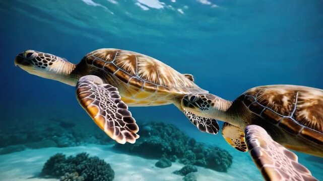  of two turtles swimming together in the ocean