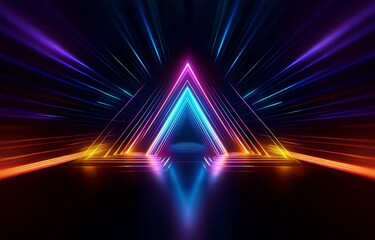 Fototapeta premium A glowing neon triangle shape with a dark background and colorful light streaks.