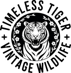 Timeless tiger vintage wildlife circular badge with floral border elements