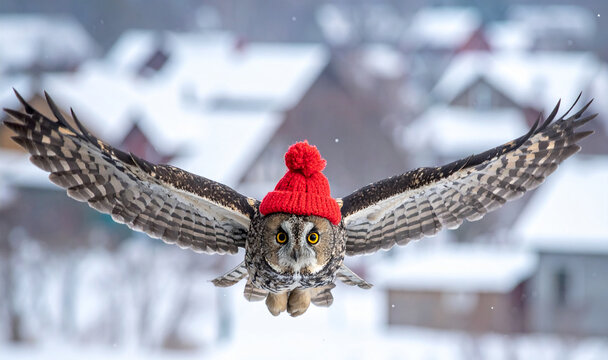 Eule mit roter Pudelmütze fliegt vor einem verschneiten Dorf