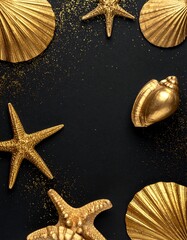 Golden shells and starfish arranged on a speckled black background. Luxury, elegant, and nautical feel