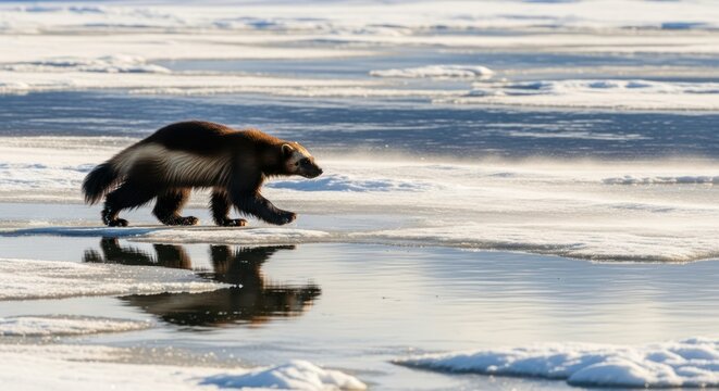 Solitary wolverine strides across the partially frozen landscape towards the horizon