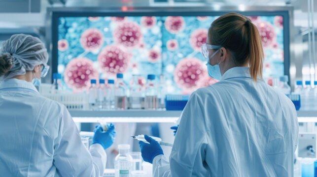 Two medical professionals in a modern sterile laboratory are intently observing detailed microscopic images of virus cells displayed on a large
