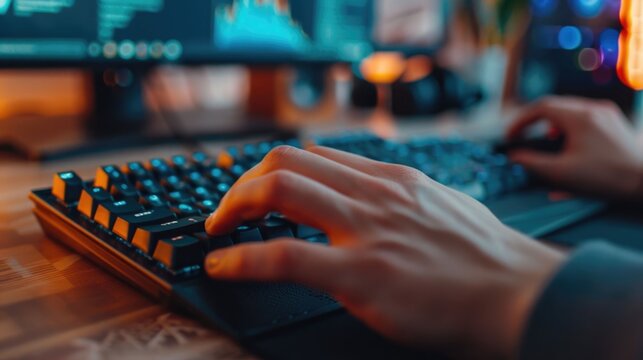 Close up view of hands actively typing on a black mechanical keyboard illuminated by warm ambient light with a blurred computer screen showing a financial or data graph in the background