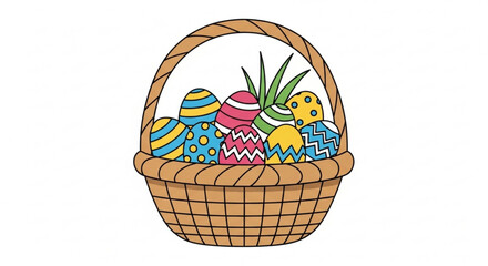 Colorful easter eggs in a wicker basket with handle on white background symbolizing springtime and holiday celebration