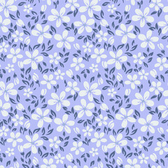 Fototapeta premium Seamless vector floral pattern with light purple flowers and dark leaves on lavender background. Cute minimal botanical design, perfect for fabric, wallpaper, wrapping paper and textile prints