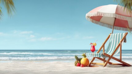 Vacaciones en la playa, descanso, bebidas, una tumbona y una sombrilla
