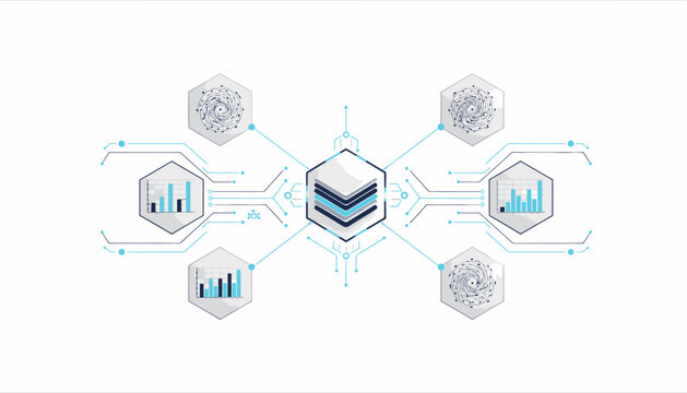 Data visualization and analytics with interconnected graphs and charts.