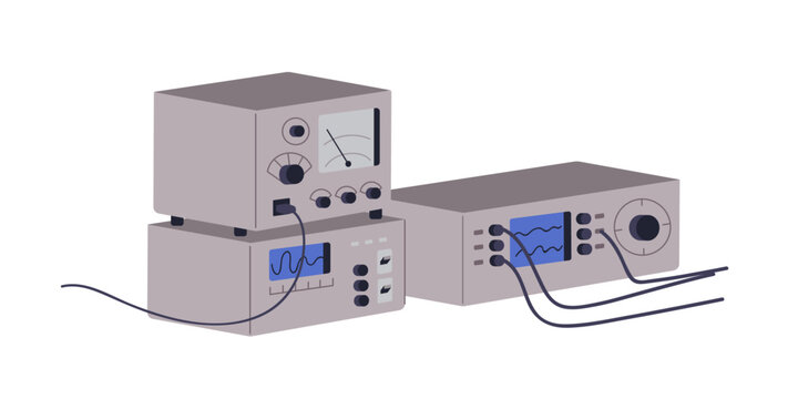 Electronics equipment. Physics laboratory devices. Electrical lab instruments for measurement, scientific research. Technical tools, appliances. Flat vector illustration isolated on white background
